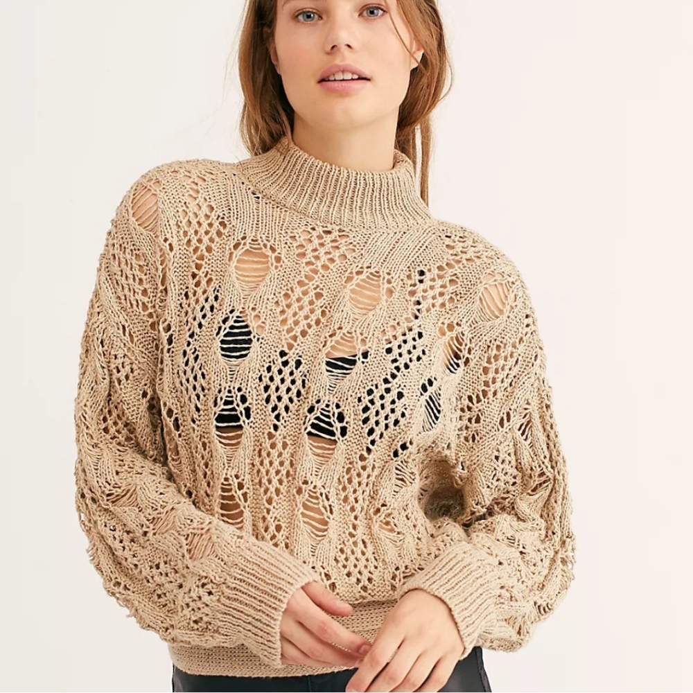 NWT Free People FP Beach Baja Sur Pullover Knit Wrap Tan Sweater Size Medium